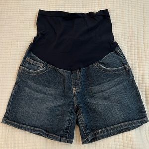 Indigo Blue over the belly maternity jean shorts